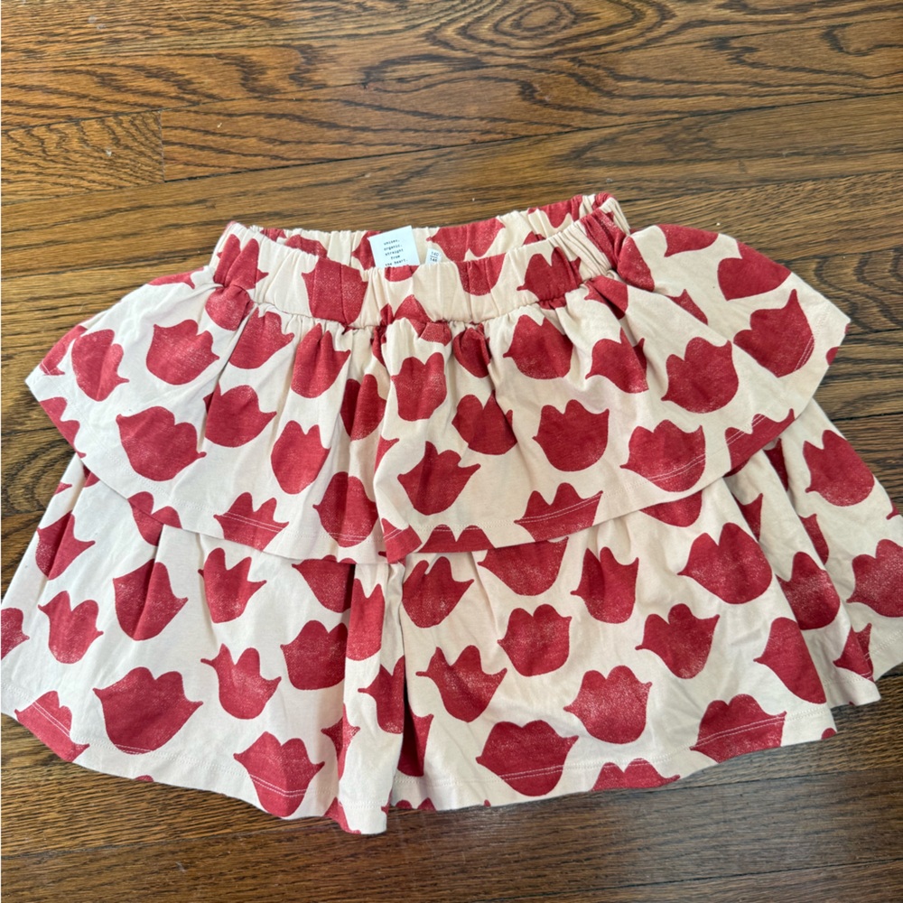 Girls Cream Tiered Skirt with Red Tulip Print